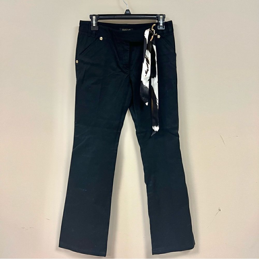 Roberto Cavalli Black Boot Cut Pants with Black & White Scarf Tie